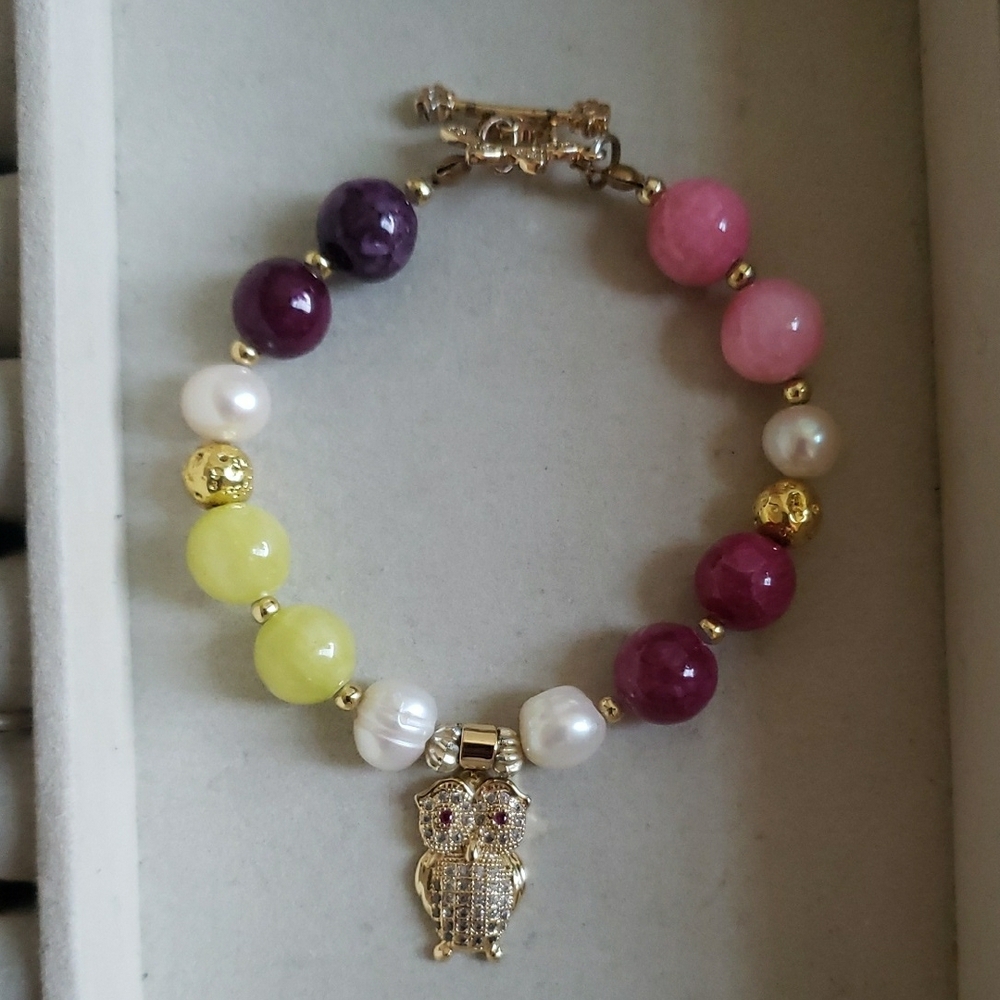 Multicolor Beaded Owl Charm Bracelet